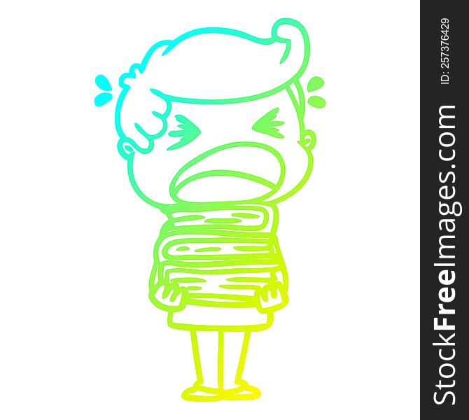cold gradient line drawing of a cartoon shouting man with stack of books