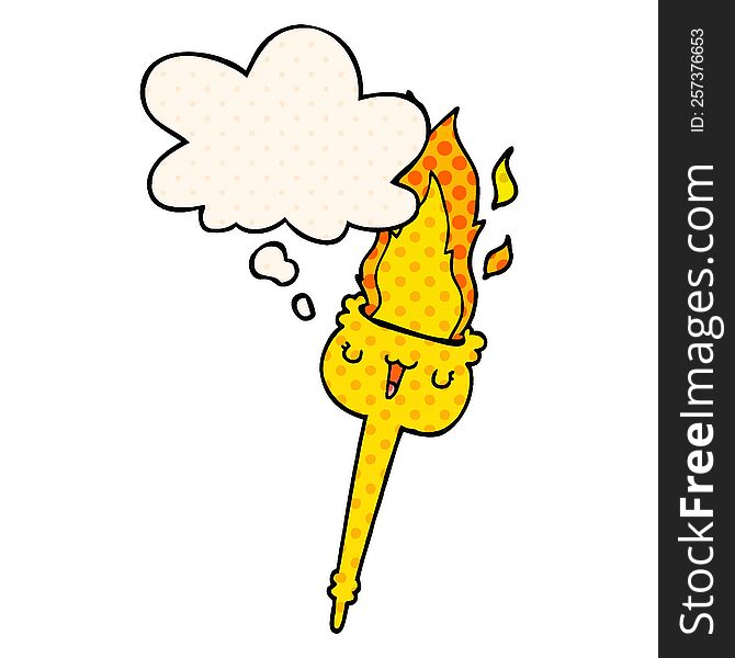 cartoon flaming torch with thought bubble in comic book style