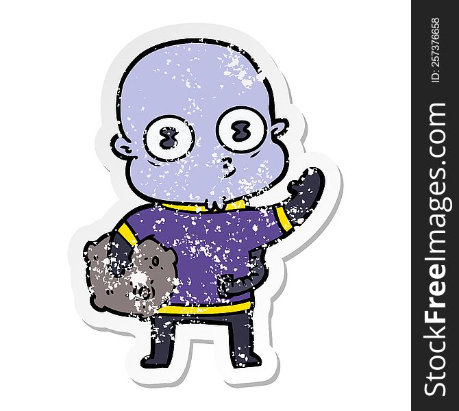 distressed sticker of a waving weird bald spaceman