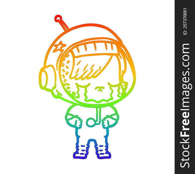 rainbow gradient line drawing of a cartoon crying astronaut girl
