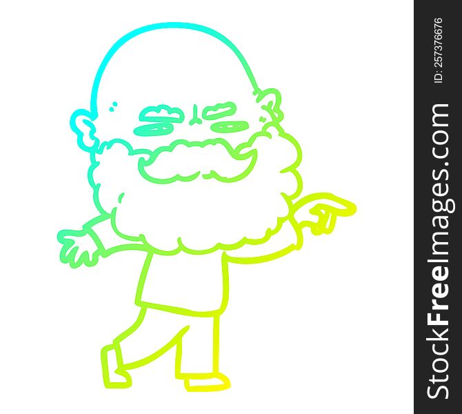 cold gradient line drawing of a cartoon man with beard frowning and pointing