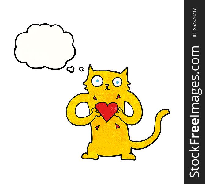 freehand drawn thought bubble textured cartoon cat with love heart