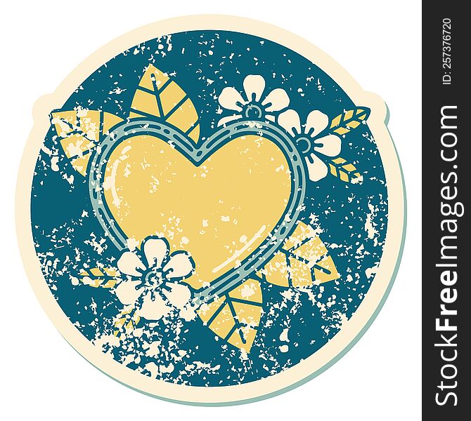 Distressed Sticker Tattoo Style Icon Of A Botanical Heart