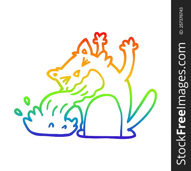 rainbow gradient line drawing of a cartoon cat being sick