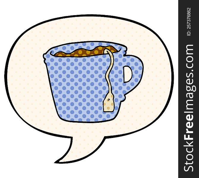 cartoon hot cup of tea with speech bubble in comic book style