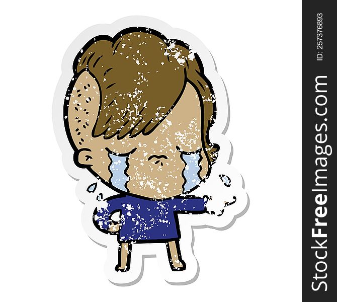 distressed sticker of a cartoon crying girl accusing