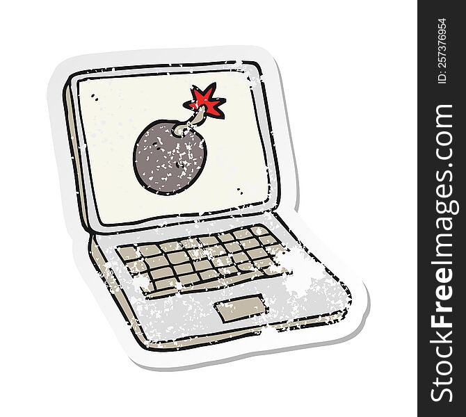 Retro Distressed Sticker Of A Cartoon Laptop Computer With Error Screen