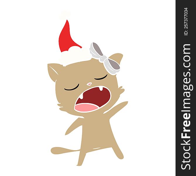 Flat Color Illustration Of A Singing Cat Wearing Santa Hat
