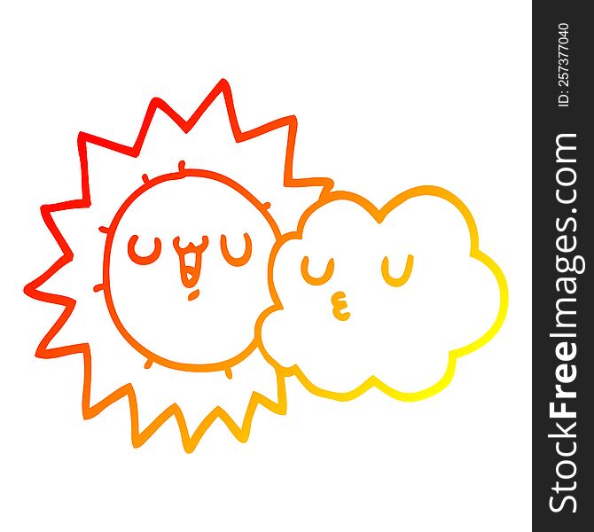 Warm Gradient Line Drawing Cartoon Sun And Cloud