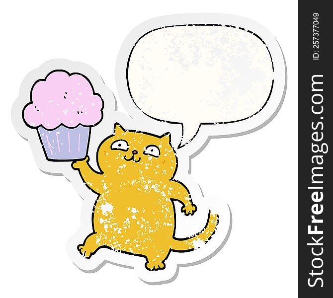 Cartoon Cat And Cupcake And Speech Bubble Distressed Sticker