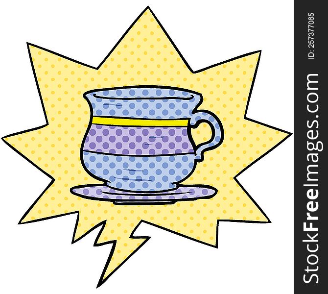 cartoon old tea cup with speech bubble in comic book style