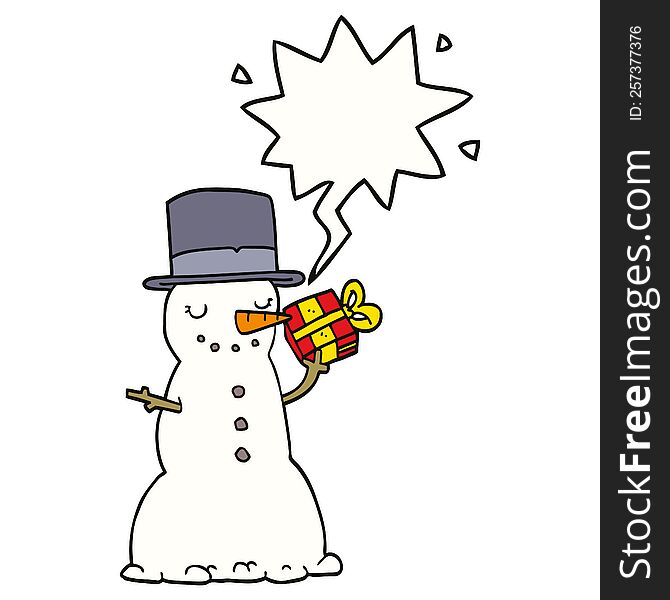 cartoon christmas snowman with speech bubble. cartoon christmas snowman with speech bubble