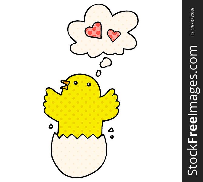 cute hatching chick cartoon with thought bubble in comic book style