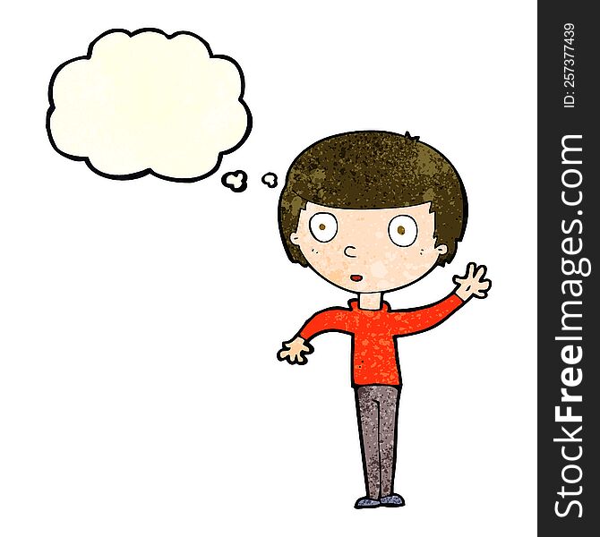 Cartoon Waving Boy With Thought Bubble
