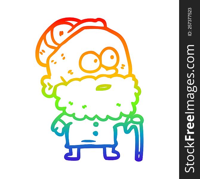 rainbow gradient line drawing of a old man with walking stick and flat cap