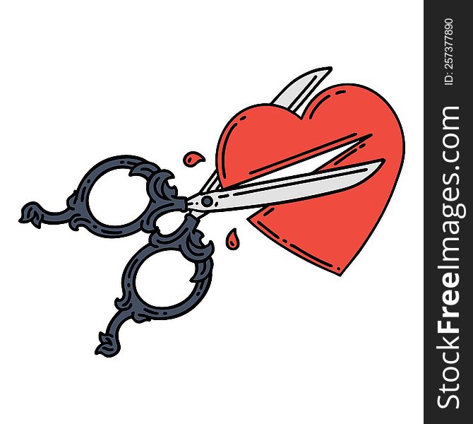 tattoo in traditional style of scissors cutting a heart. tattoo in traditional style of scissors cutting a heart