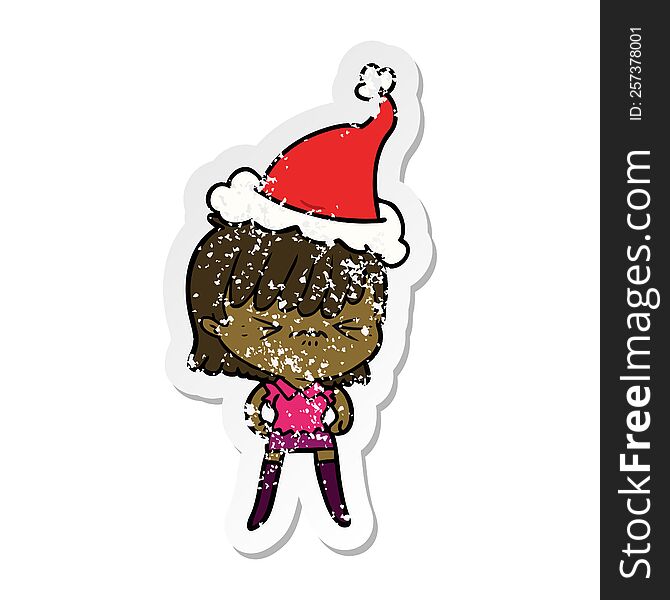 Annoyed Distressed Sticker Cartoon Of A Girl Wearing Santa Hat