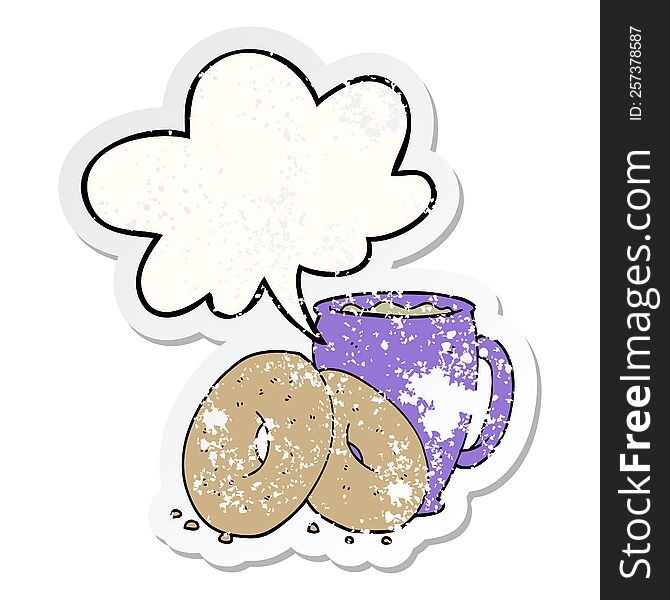 cartoon coffee and donuts with speech bubble distressed distressed old sticker. cartoon coffee and donuts with speech bubble distressed distressed old sticker