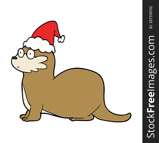 hand drawn line drawing of a otter wearing santa hat