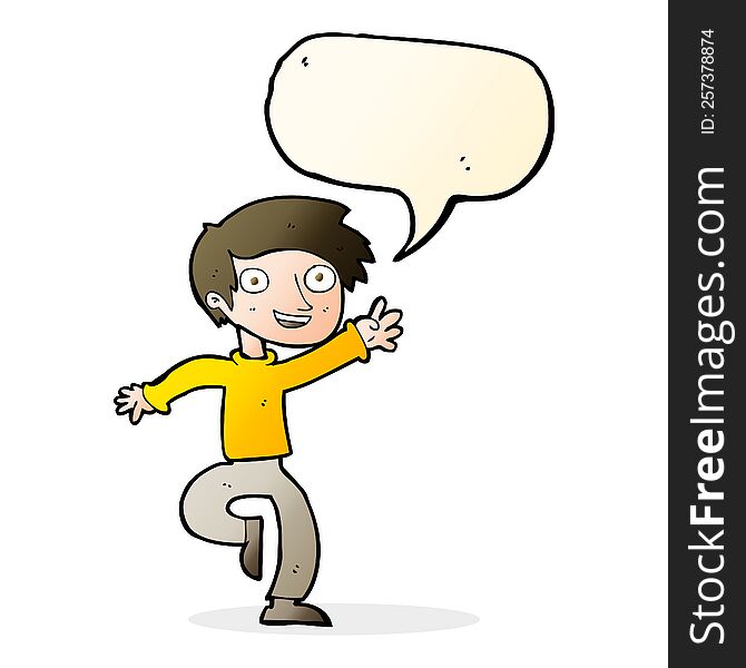Cartoon Excited Boy Dancing With Speech Bubble