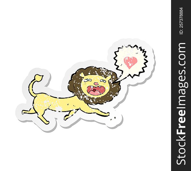 Retro Distressed Sticker Of A Cartoon Lion With Love Heart