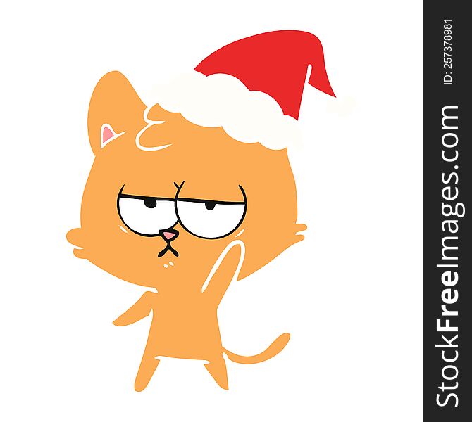 Bored Flat Color Illustration Of A Cat Wearing Santa Hat