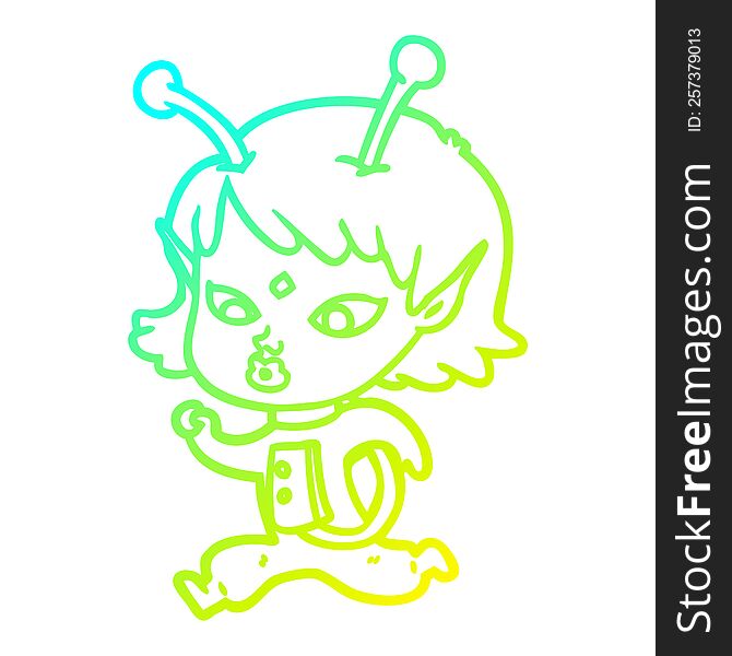 Cold Gradient Line Drawing Pretty Cartoon Alien Girl Running