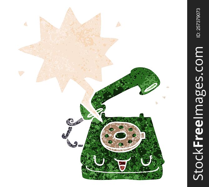 Cute Cartoon Telephone And Speech Bubble In Retro Textured Style