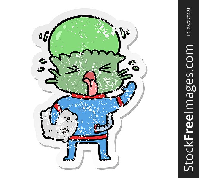 Distressed Sticker Of A Weird Cartoon Alien