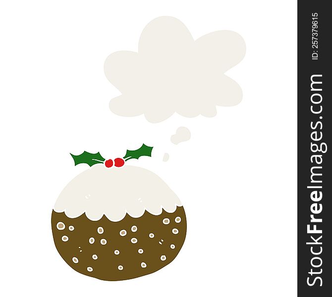 Cartoon Christmas Pudding And Thought Bubble In Retro Style