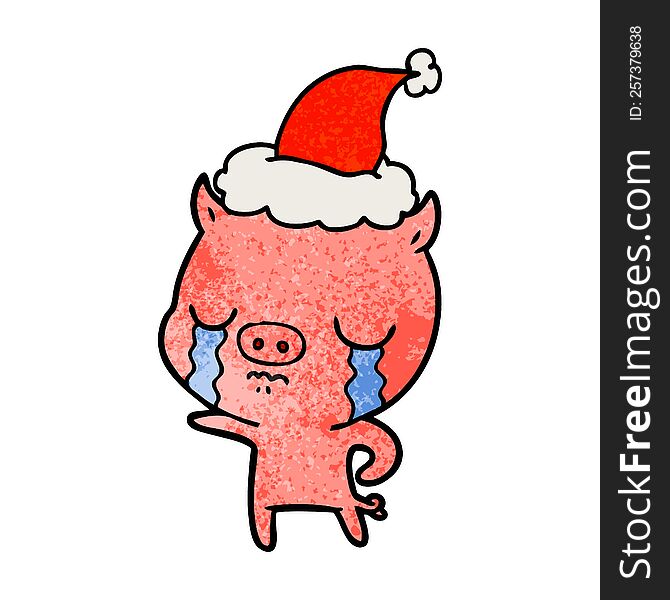 Textured Cartoon Of A Pig Crying Wearing Santa Hat