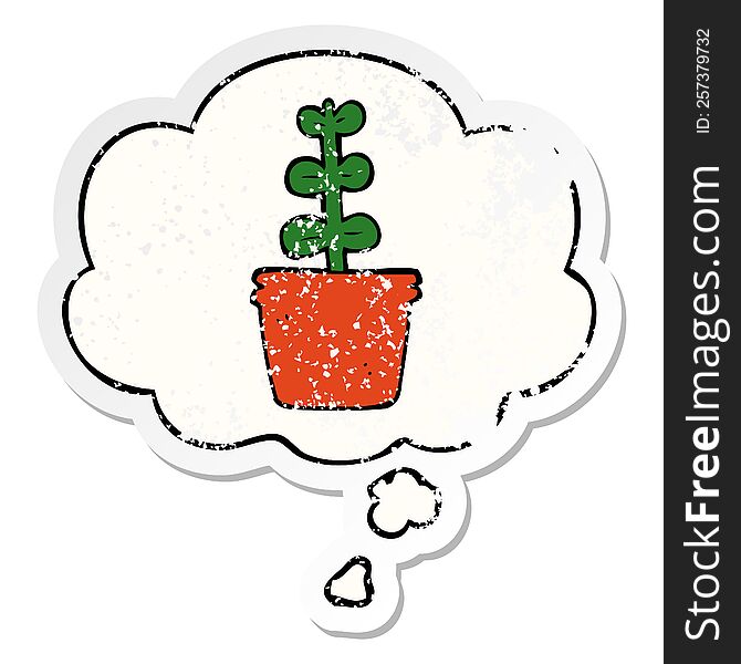 cartoon house plant with thought bubble as a distressed worn sticker