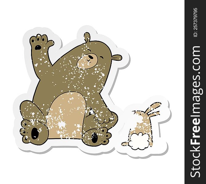 distressed sticker of a cartoon bear and rabbit friends