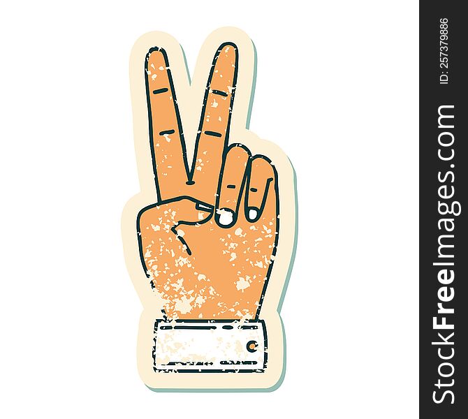 grunge sticker of a peace symbol two finger hand gesture. grunge sticker of a peace symbol two finger hand gesture