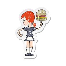 Retro Distressed Sticker Of A Cartoon Waitress Serving A Burger Royalty Free Stock Images