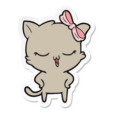 Sticker Of A Cartoon Cat With Bow On Head And Hands On Hips Stock Photos