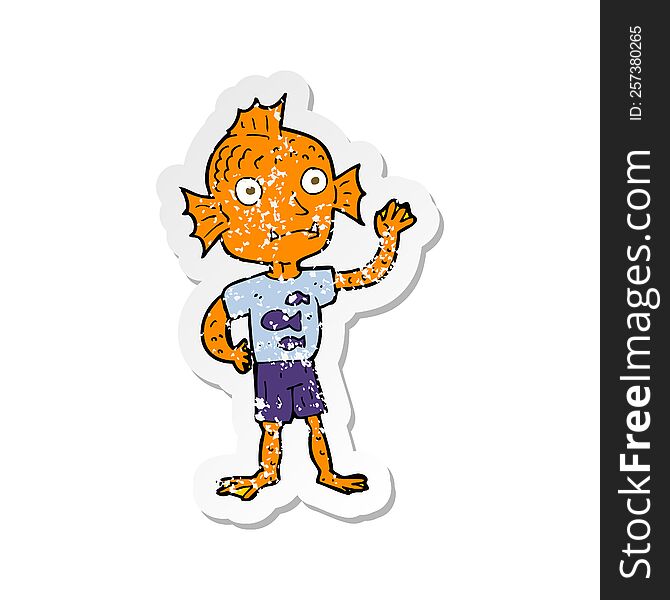 retro distressed sticker of a cartoon waving fish boy