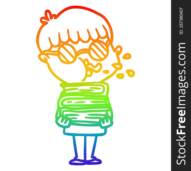 rainbow gradient line drawing of a cartoon boy wearing dark glasses carrying books
