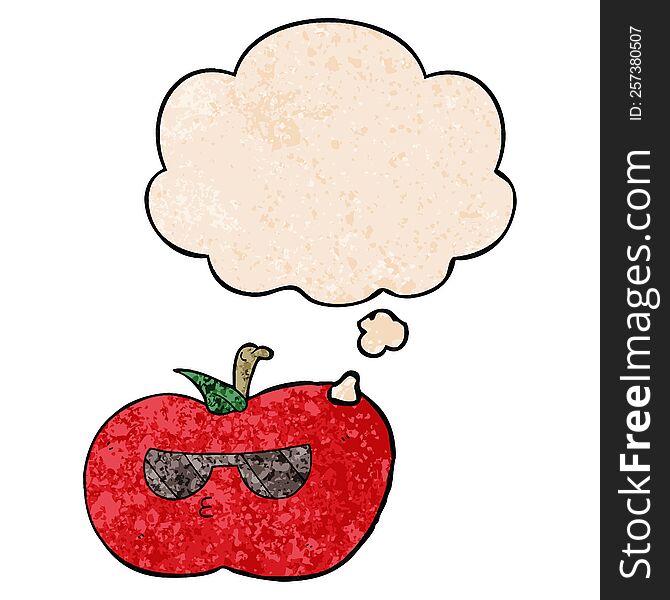 Cartoon Cool Apple And Thought Bubble In Grunge Texture Pattern Style