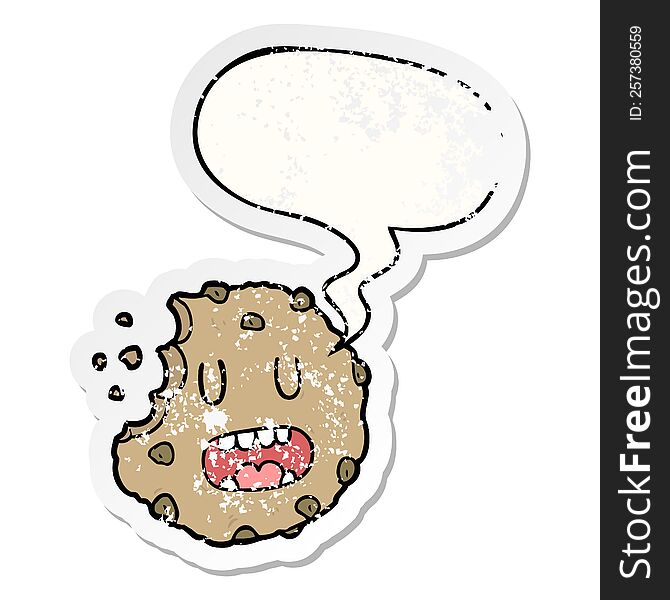 cartoon cookie with speech bubble distressed distressed old sticker. cartoon cookie with speech bubble distressed distressed old sticker