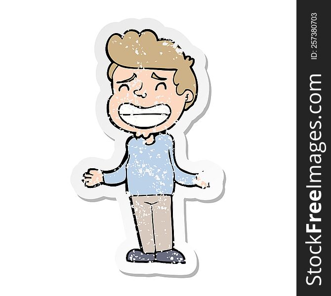 Distressed Sticker Of A Cartoon Boy Shrugging