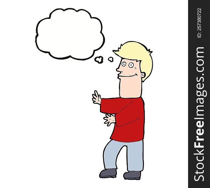 cartoon man gesturing with thought bubble