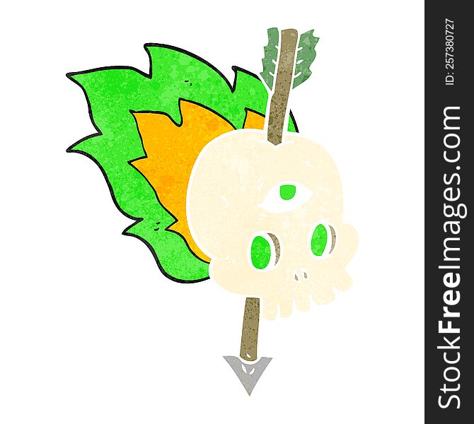 retro cartoon magic skull with arrow through brain