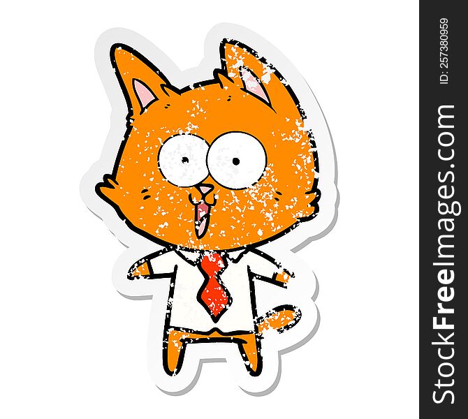 distressed sticker of a funny cartoon cat wearing shirt and tie