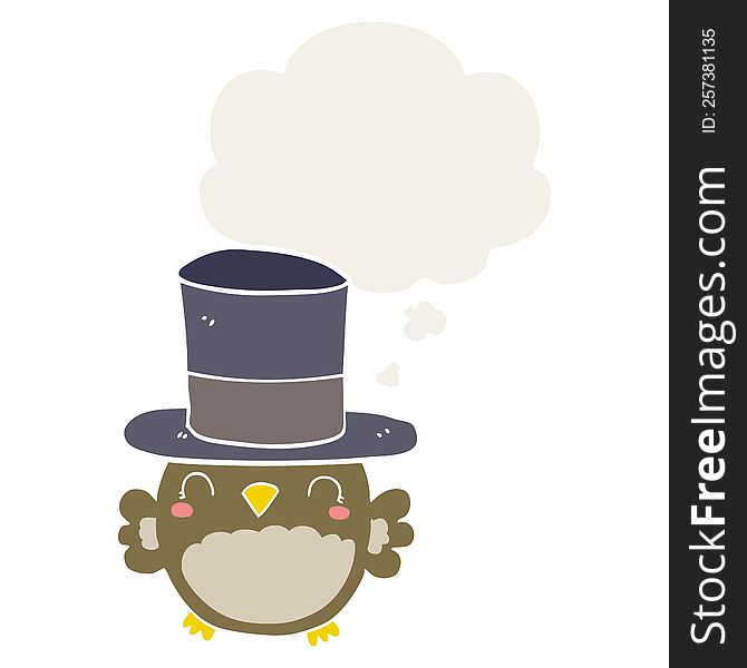 Cartoon Owl Wearing Top Hat And Thought Bubble In Retro Style