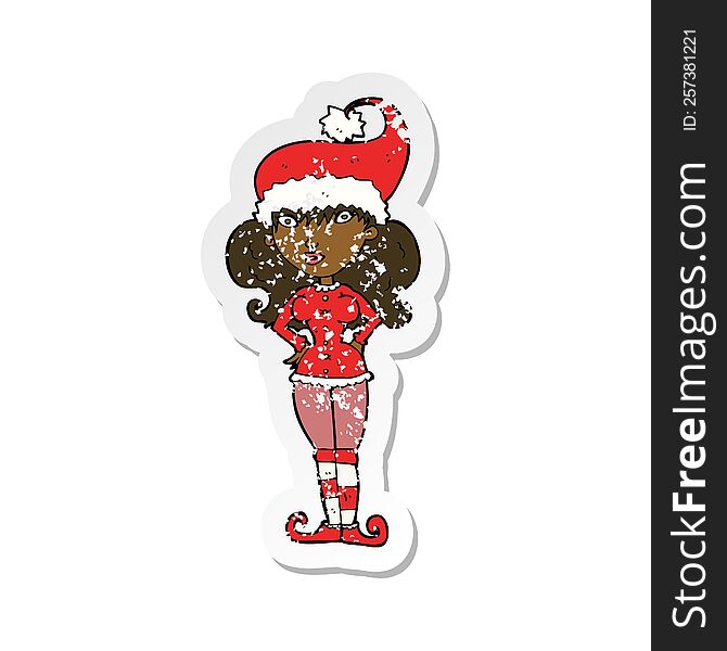 retro distressed sticker of a cartoon santas helper woman