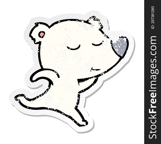 distressed sticker of a happy cartoon polar bear running