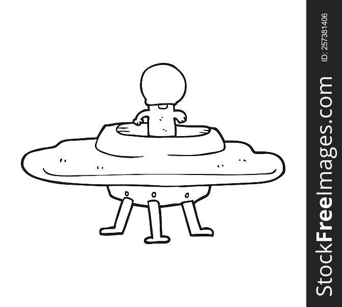 freehand drawn black and white cartoon flying saucer