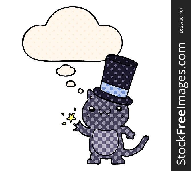 Cartoon Cat Wearing Top Hat And Thought Bubble In Comic Book Style