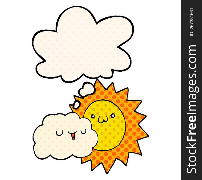 Cartoon Sun And Cloud And Thought Bubble In Comic Book Style